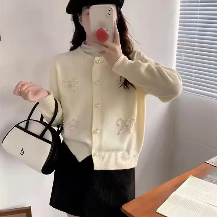 温柔风蝴蝶结毛针织衫提花网红百搭秋冬圆领韩版针织衫时尚小香风