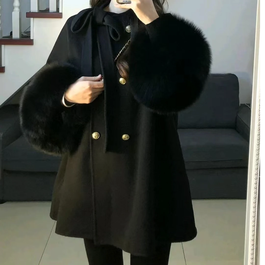 秋冬新款韩版高级设计感时尚毛呢外套女秋设计感可拆卸毛毛袖上衣