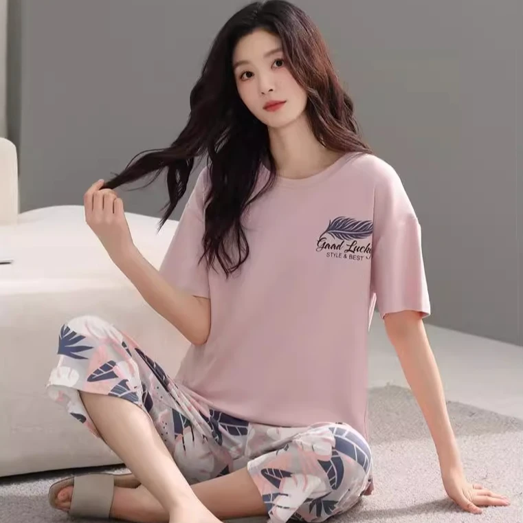 2025新款睡衣女夏天带胸垫短袖七分裤夏薄款休闲可外穿家居服套装