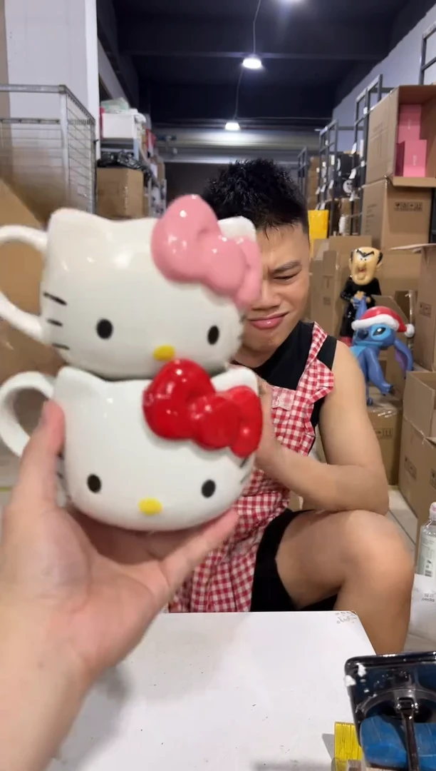 瓷片红色加粉色蝴蝶结kt头杯2件套微瑕