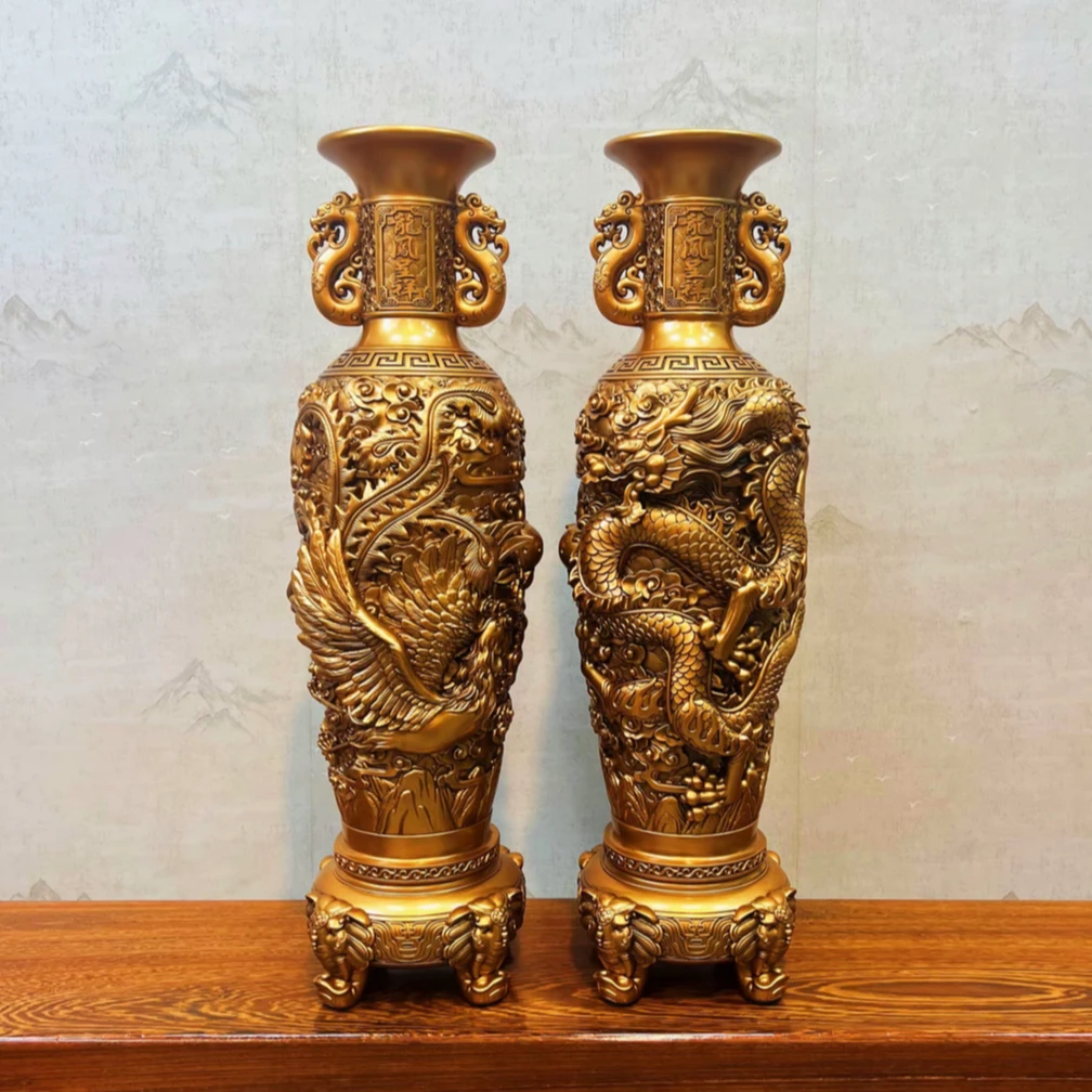 鎏金铜龙凤花瓶摆件 办公室家居工艺装饰礼品 （高48CM）