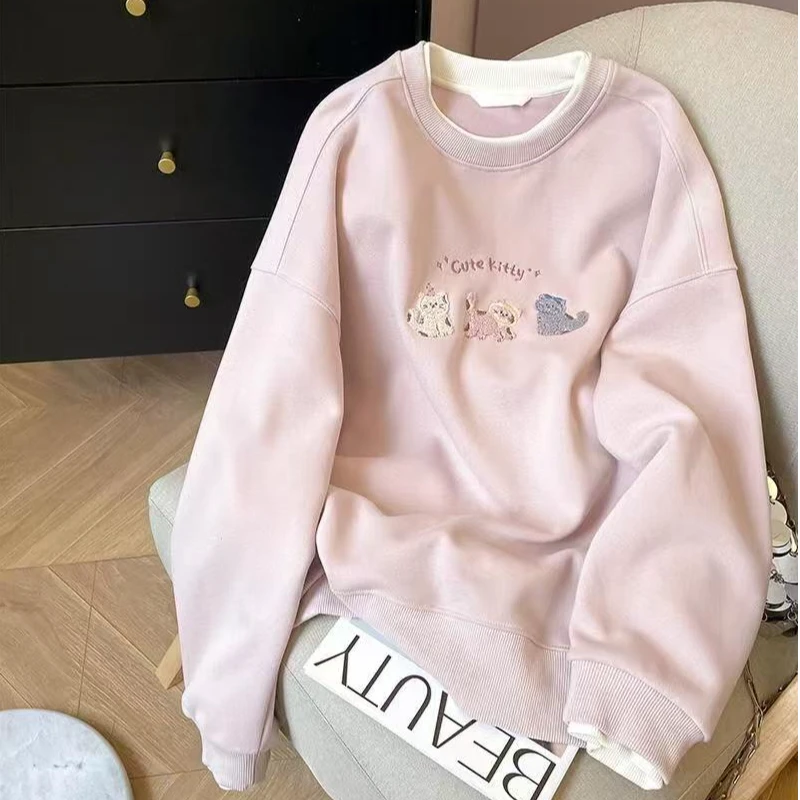 慵懒风粉色卡通刺绣套头圆领卫衣女秋季新款小众设计感宽松上衣