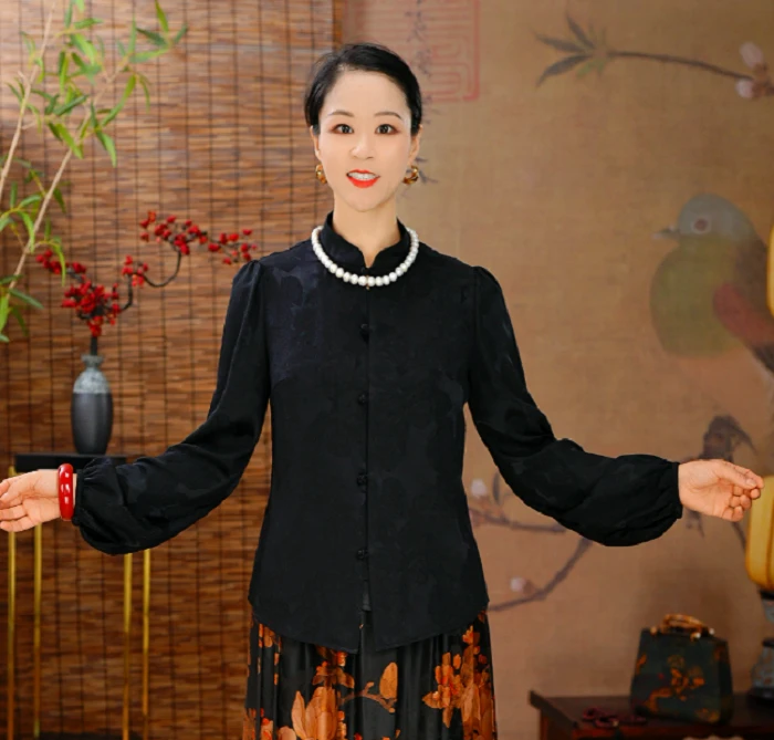 【上古锦·黑天鹅衬衫】100桑蚕丝纯手工新中式秋冬显瘦百搭衬衣