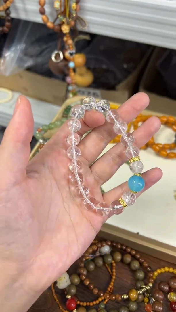 水晶手链未镶嵌白水晶蓝顶珠圆珠手串[1910]