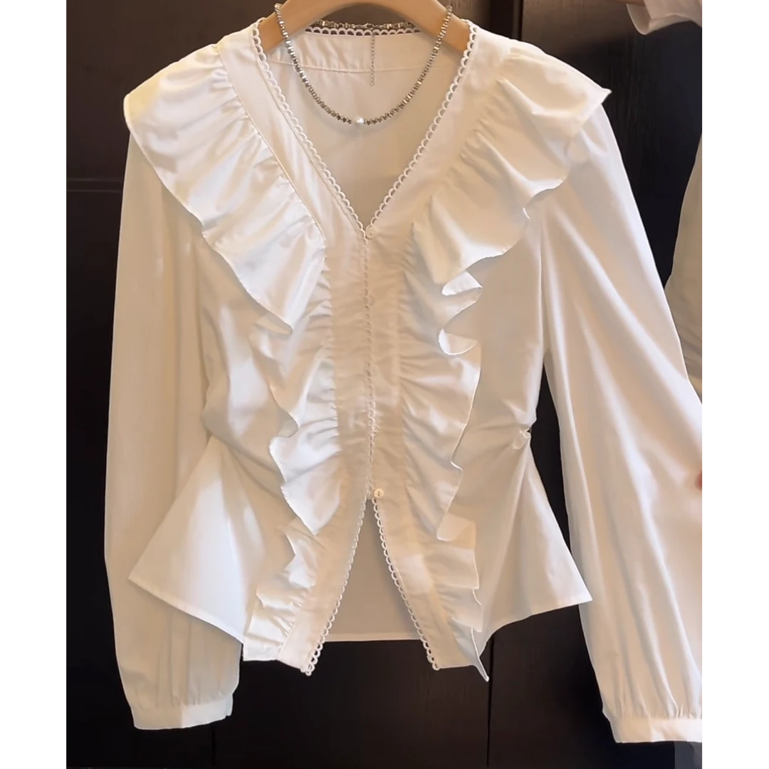 【月光白巧】法式V领拼接荷叶边单排扣设计感百搭衬衫女显瘦气质