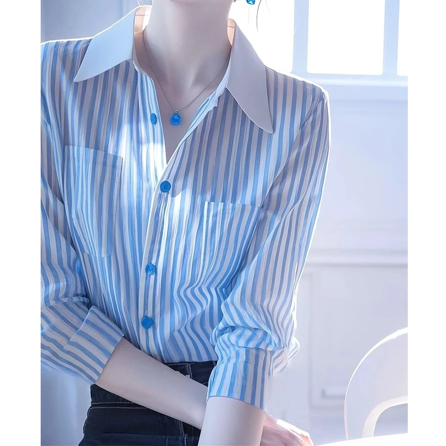 法式轻熟绝美蓝色条纹Polo领长袖衬衫女春秋款高级感休闲通勤衬衣