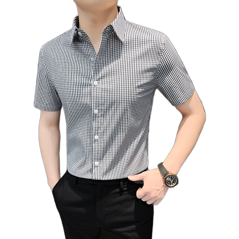 2025夏季新款男士百搭休闲衬衫潮流短袖商务时尚休闲修身条纹衬衣