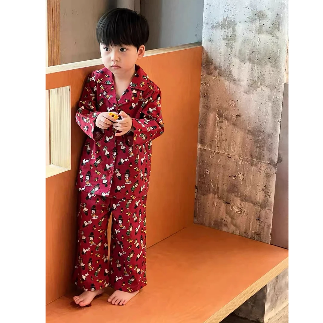 男童睡衣儿童家居服春季2025新款潮酷炸街上衣女孩红色卡通长裤韩