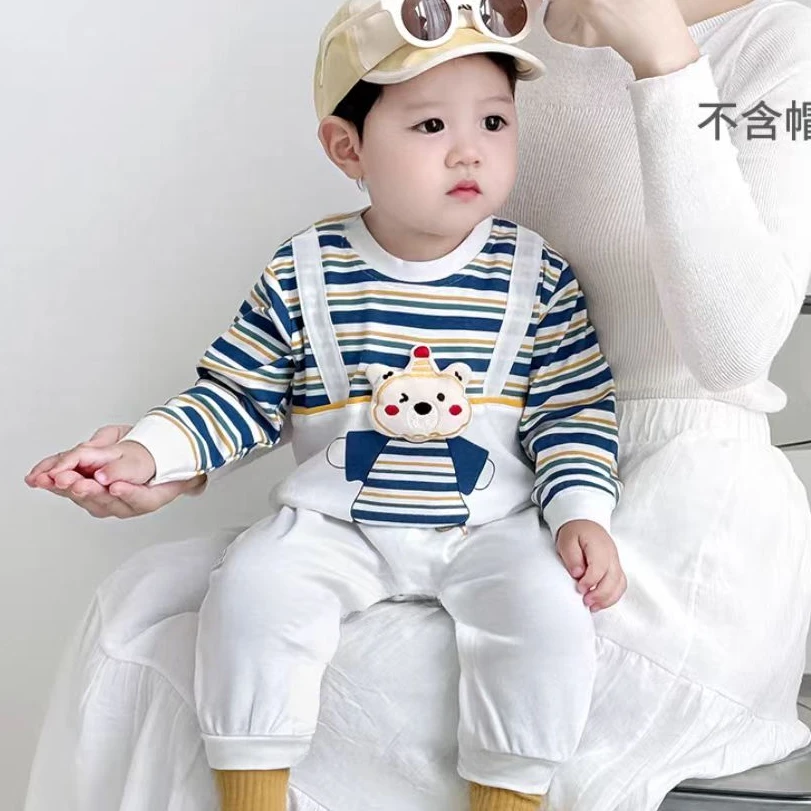 春秋款灵动条纹熊哈衣男女宝长袖条纹婴幼假背带时尚爆款连体爬服