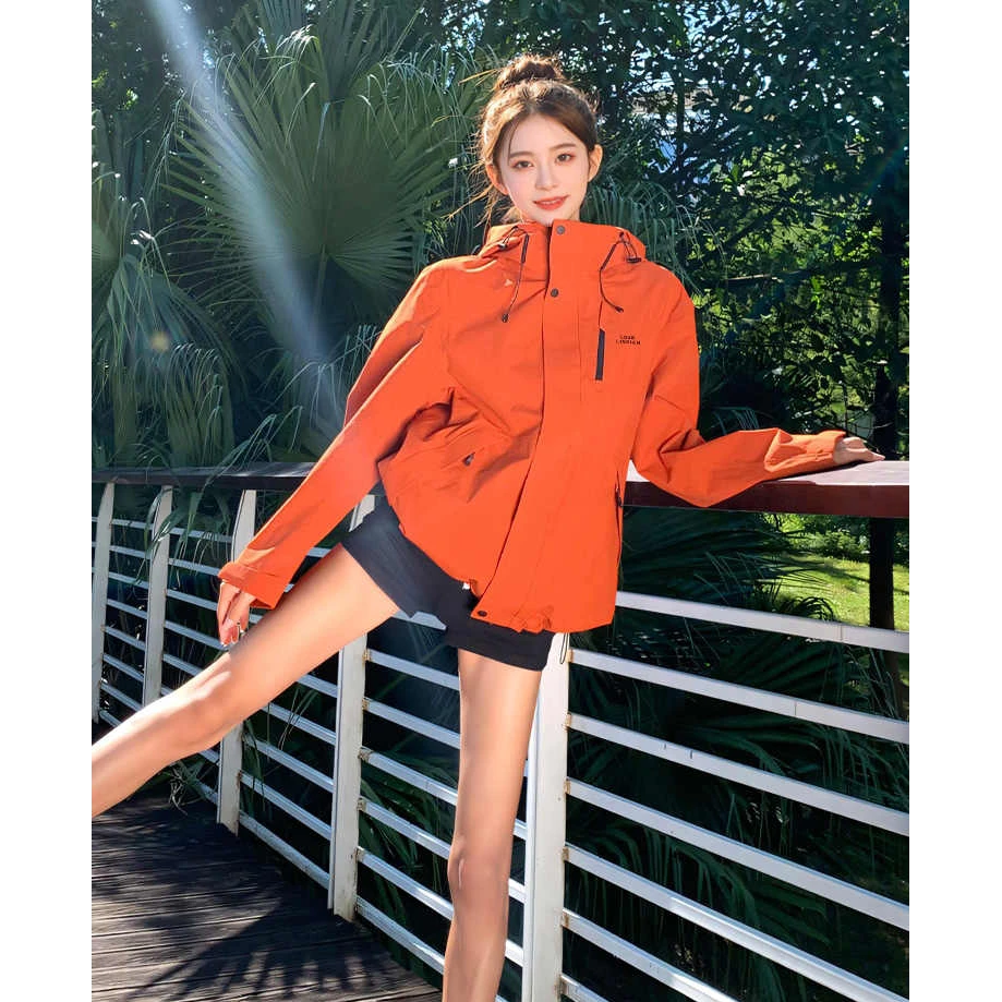 CaKm橙色冲锋衣外套女春秋户外三合一防风防水情侣登山服LAB874