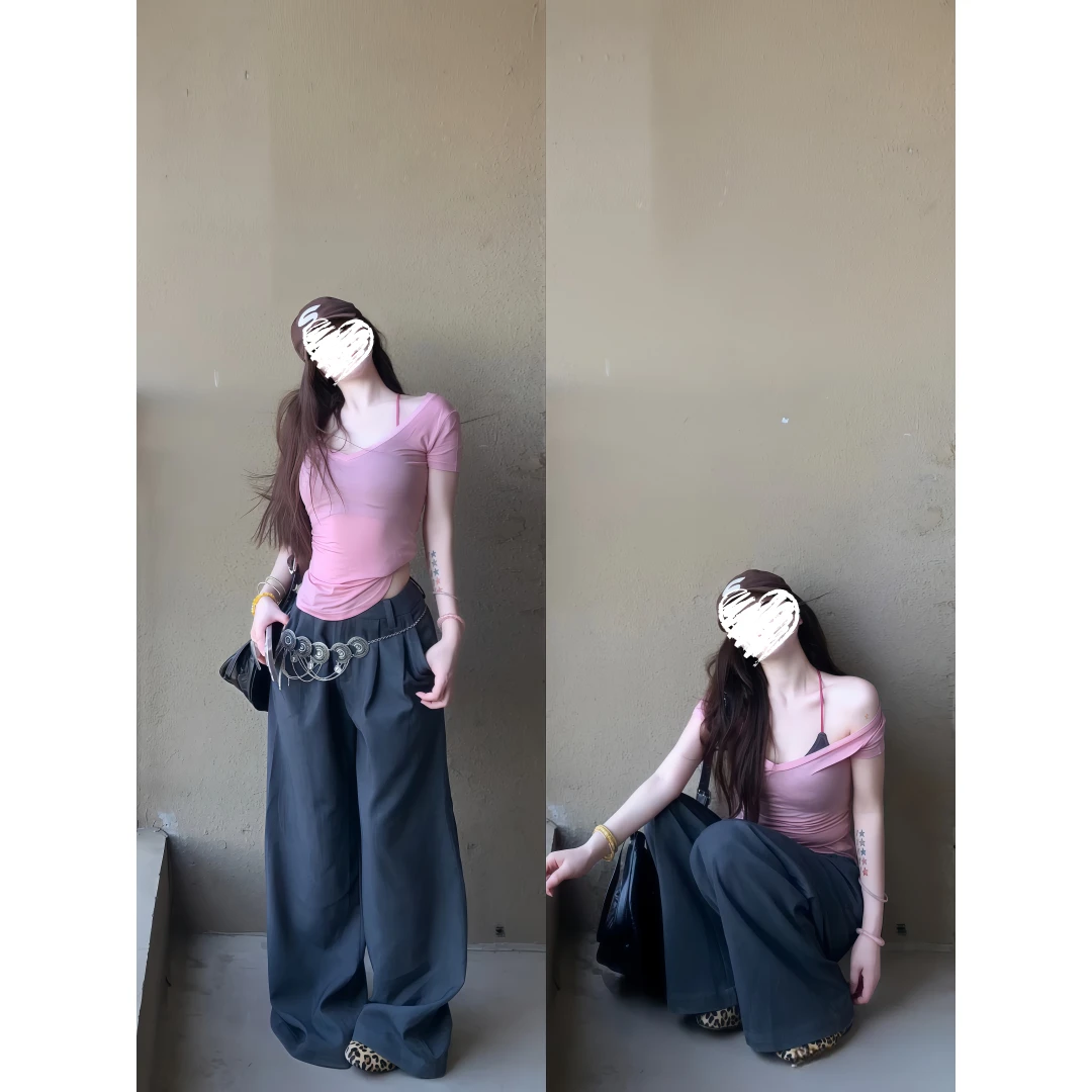 v领显瘦短袖T恤女+垂感西装裤阔腿拖地长裤两件套    60018