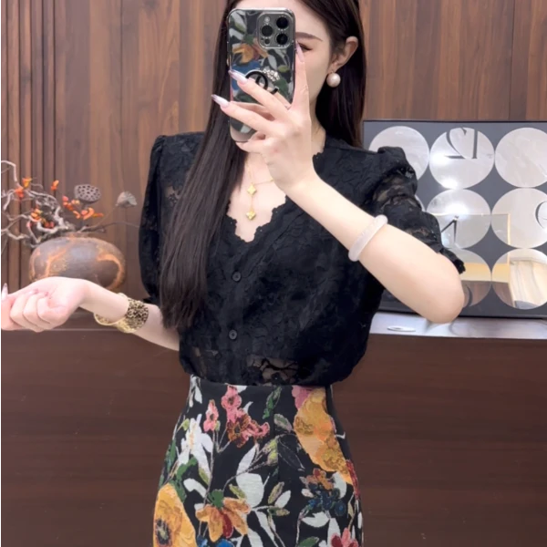 璐璐定制--25夏季新款韩版花边镂空时尚气质宽松显瘦百搭休闲上衣