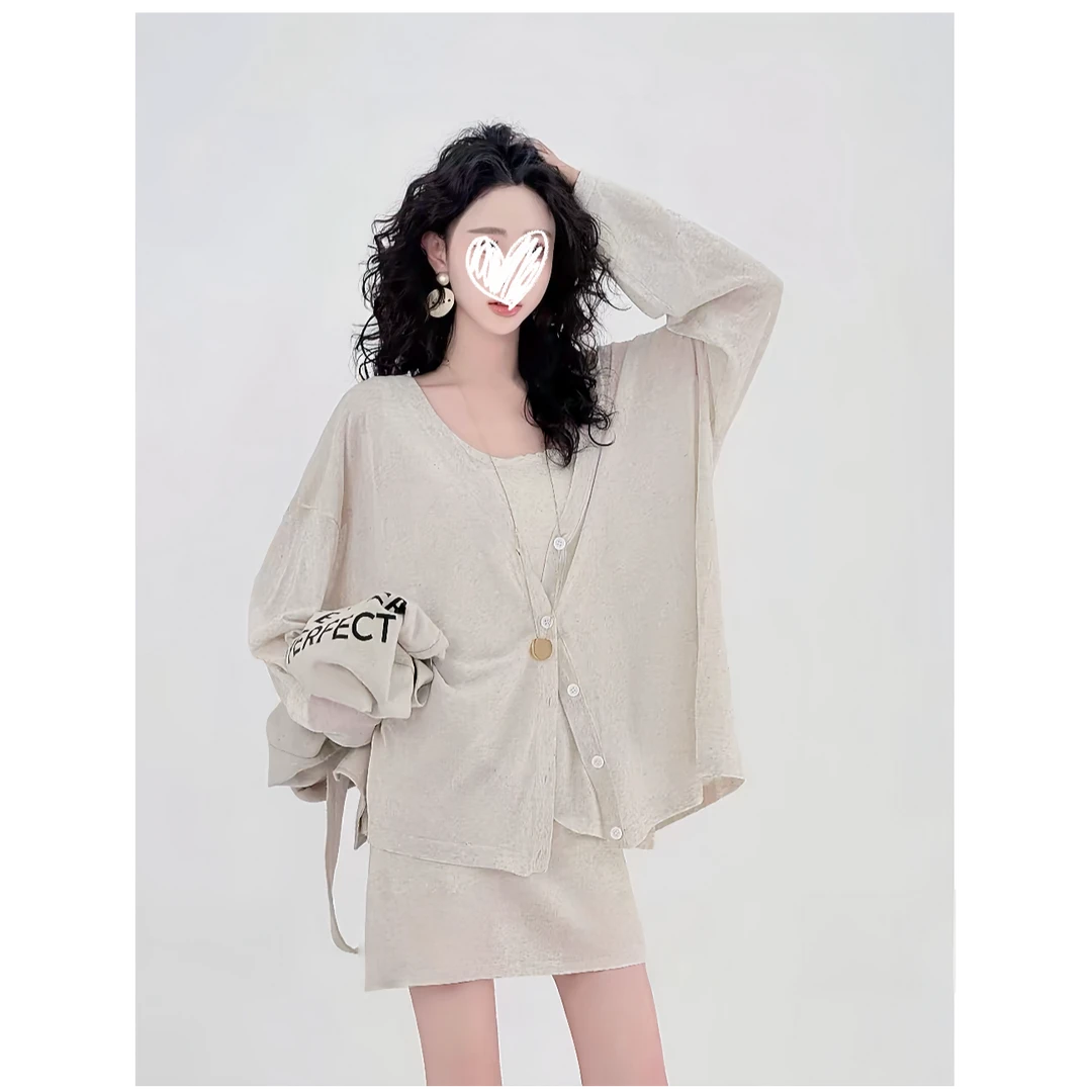 【时光旅者】夏休闲背心开衫显瘦短裙三件套针织防晒外穿上衣21333