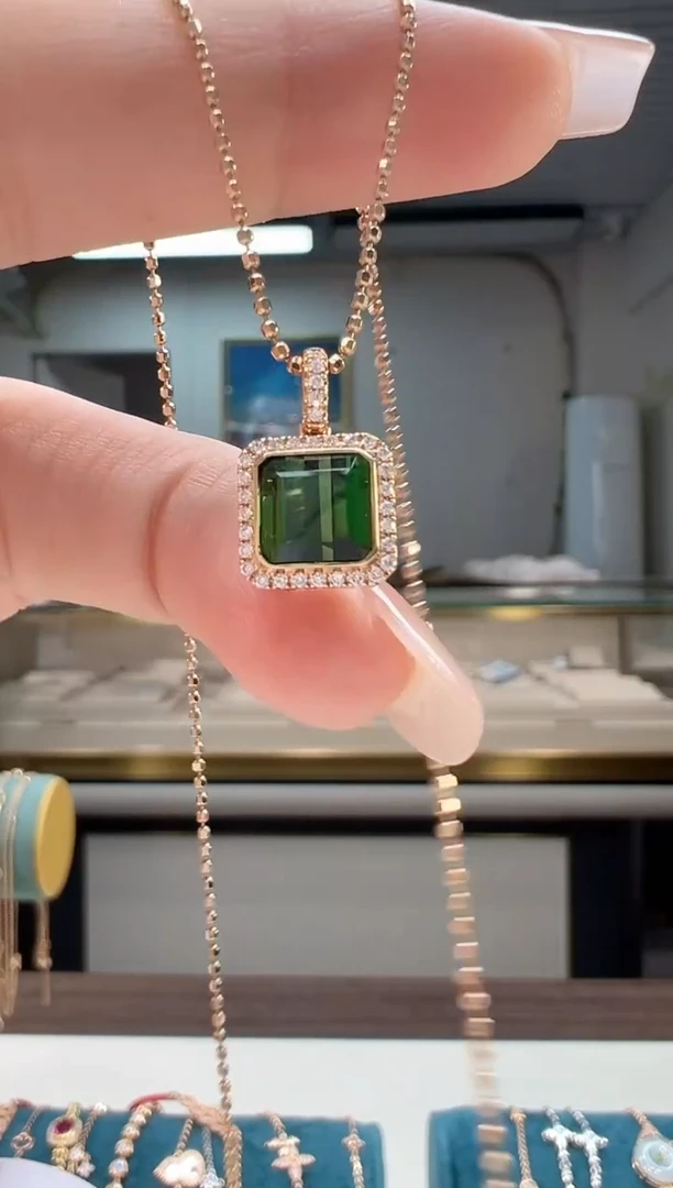 【闪购商品】碧玺吊坠(不含链)18K金镶嵌方形碧玺吊坠K红