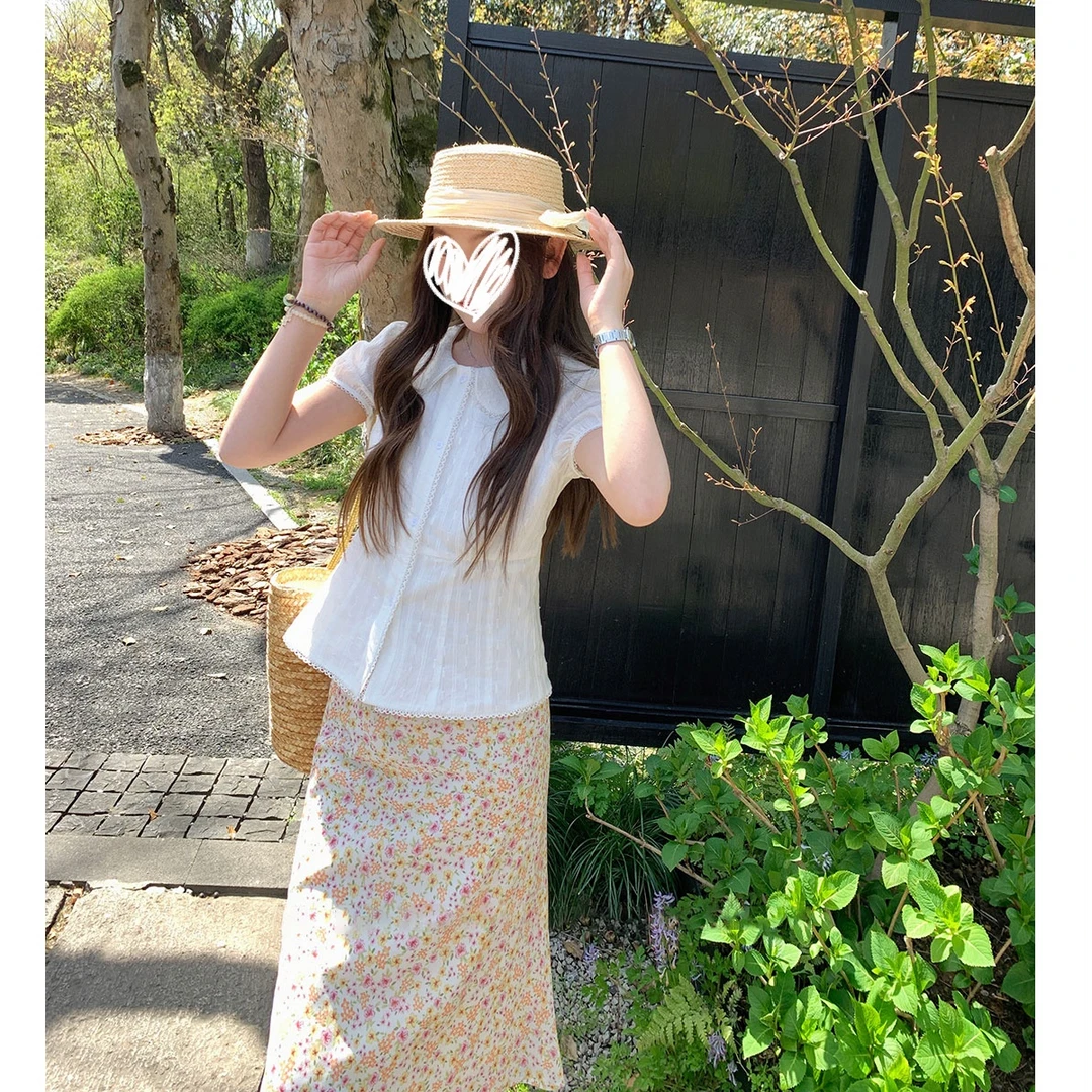 「未闻花名」初恋娃娃领衬衣小衫甜美小清新碎花温柔半身鱼尾裙夏季