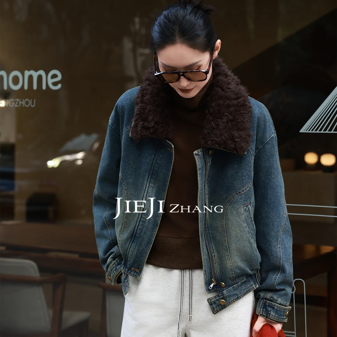 【JIEJI ZHANG】秋冬季时尚休闲百搭羊毛填充牛仔外套351221