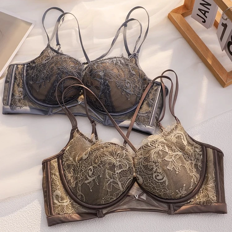 内衣女士大胸显小薄款收副乳防下垂软钢圈性感蕾丝美背文胸套装