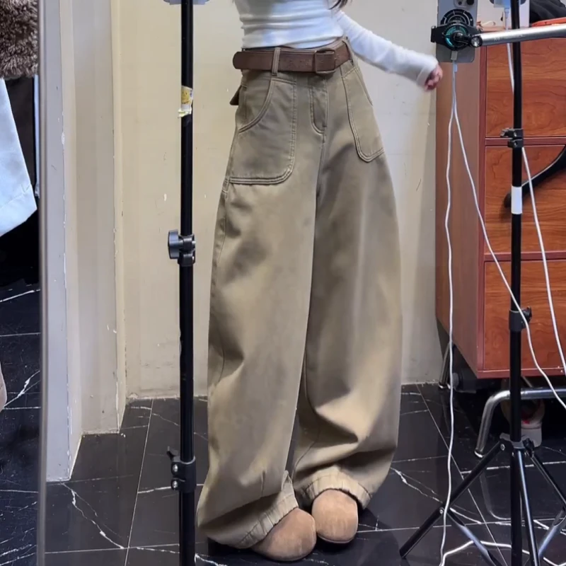 新款冬季美式复古宽松加绒加厚休闲弯刀阔腿裤LK2507982