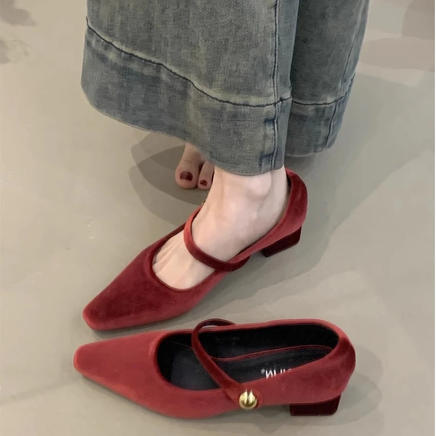 NQL-6168-6温柔仙女晚晚鞋2025法式丝绒方头浅口一字粗跟玛丽珍鞋