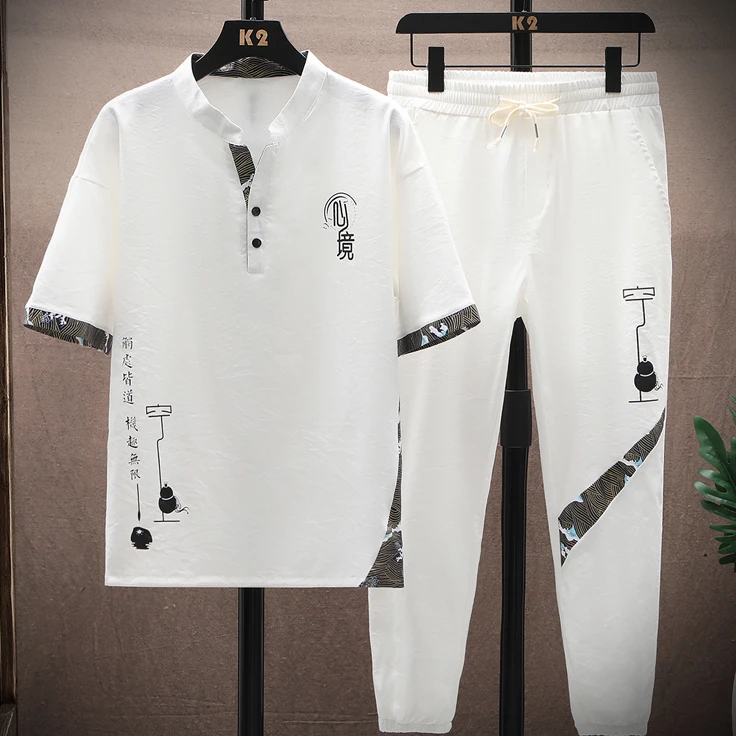 新中式男装休闲套装夏季中年高级感新款短袖透气潮流痞帅国风大码