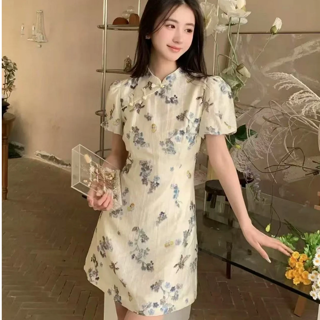【TT-2025连衣裙】新中式国风时尚碎花显瘦改良旗袍连衣裙气质收腰