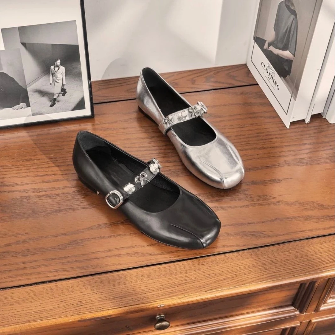 玛丽珍法式粗跟方头浅口单鞋真皮夏季增高轻奢复古女士夏天平底