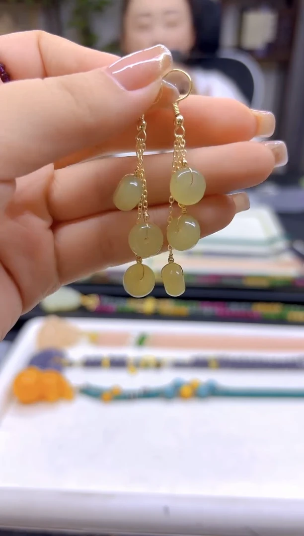 和田玉14K金镶嵌耳饰DIY款E841