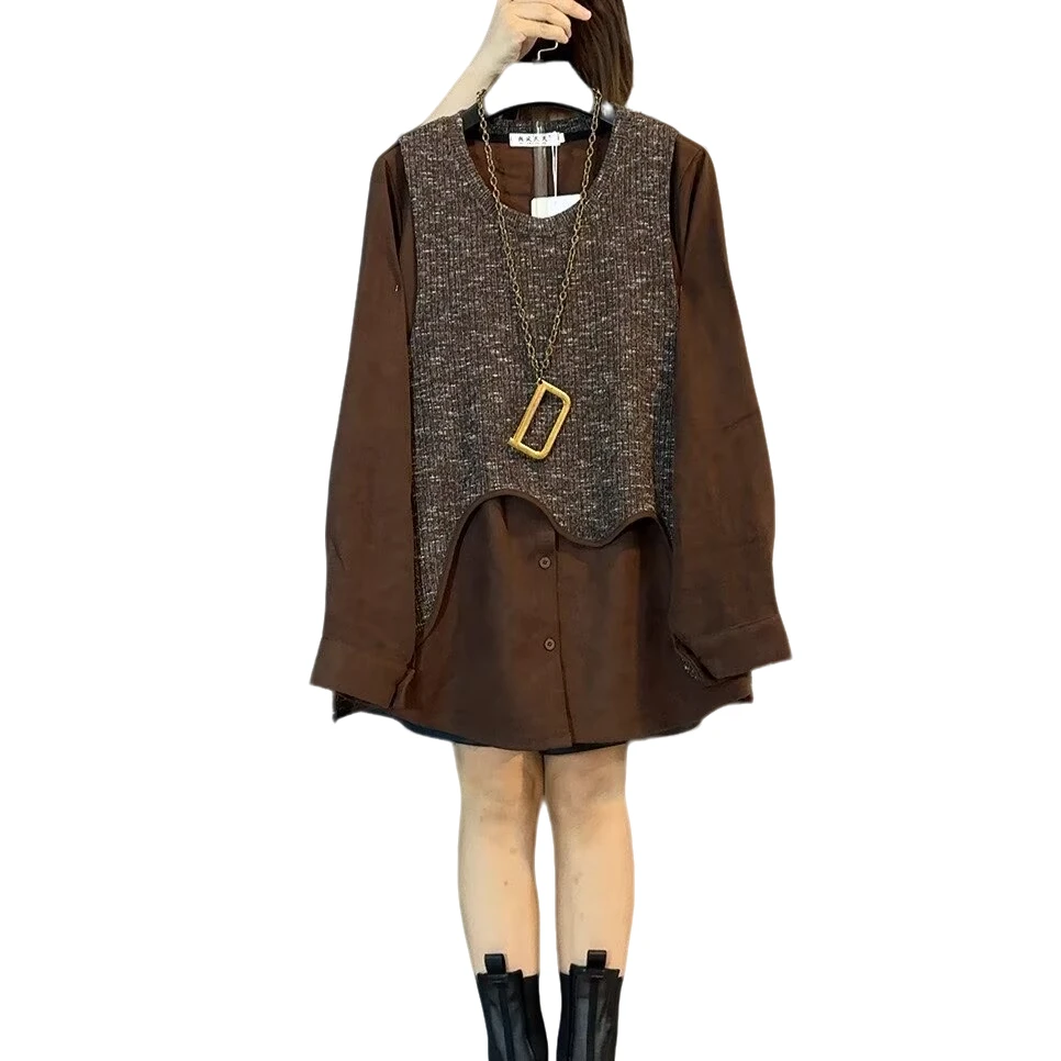 大维罗依RF秋季新款大码拼接波浪底摆假两件衬衫