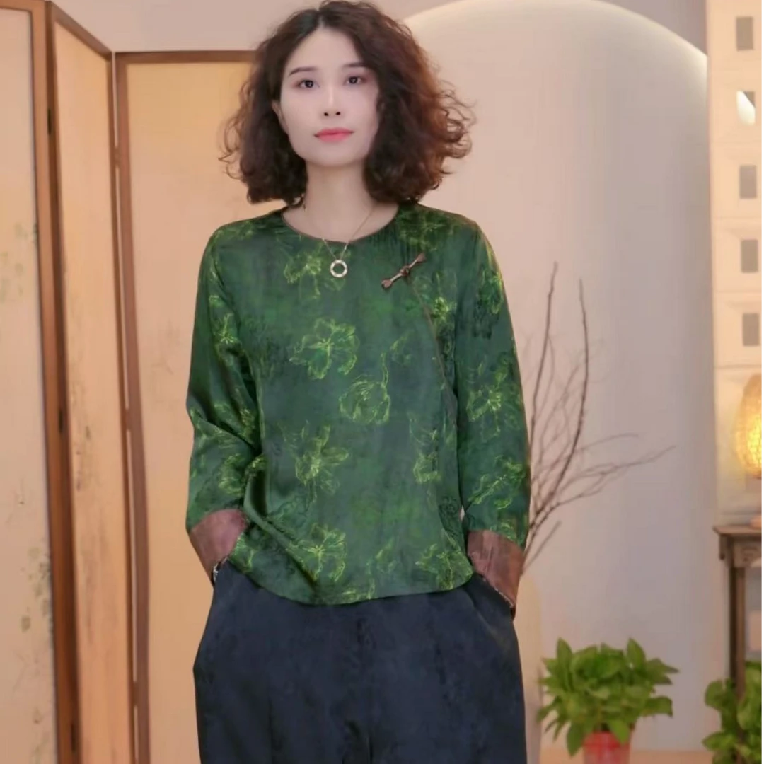 【墨染霜华】新中式中国风花萝提花领中年妈妈装绿