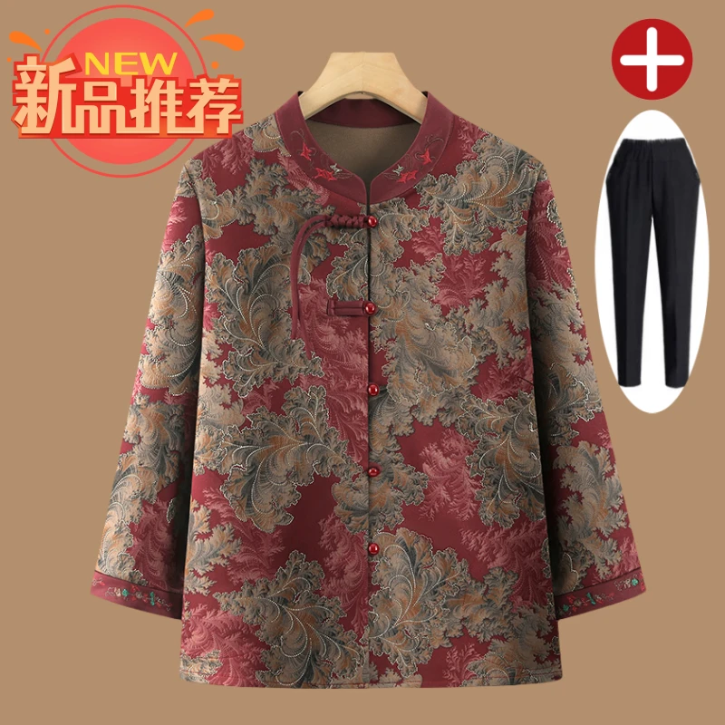 老人老太中国风奶奶装中老年妈妈装春秋老年人喜妈妈衬衫夏季红色