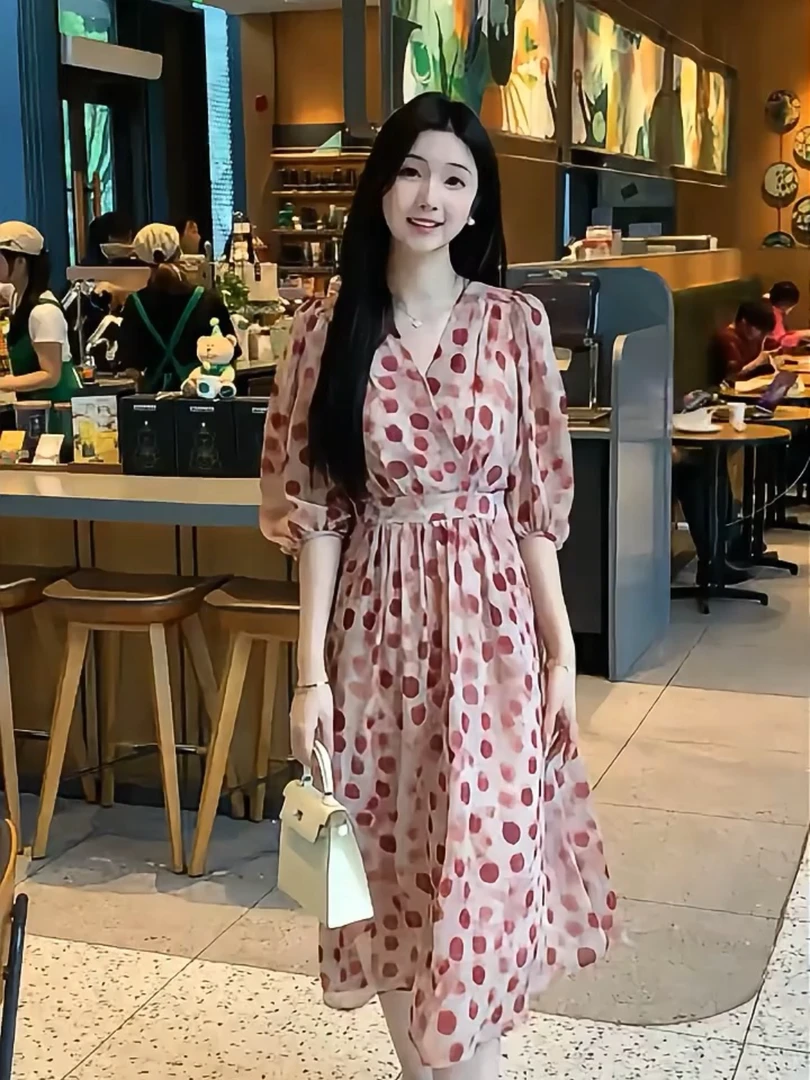 2025年新中长裙波点V领连衣裙收腰减龄复古碎花时尚女装宽松