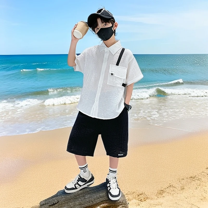 男童夏装套装2025新款儿童夏季薄款短袖衬衫中大童夏款洋气男孩潮