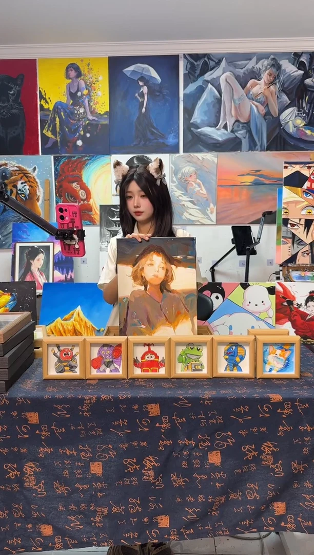 丙烯画别**猫氛围光感美女丙烯画h