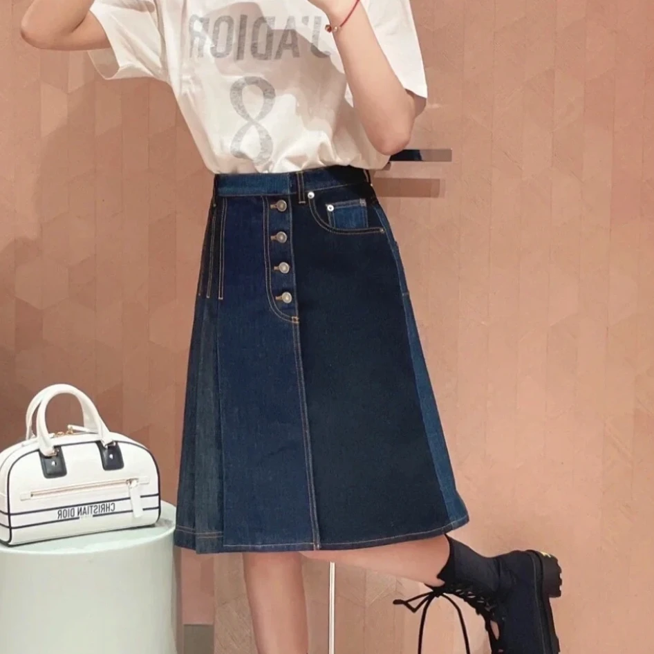 未使用 DIOR/迪奥 Dior 拼接牛仔褶裥一片式半身裙 蓝色38