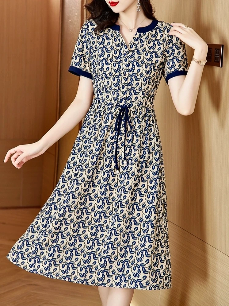 【时装高定款】立领蓝碎花气质修身时尚休闲夏季高端大码妈妈连衣裙