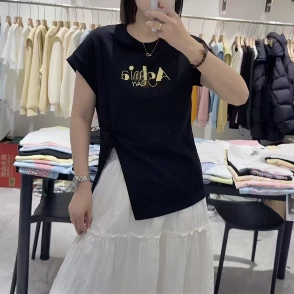 88-683下摆开叉设计女休闲宽松女短袖T恤