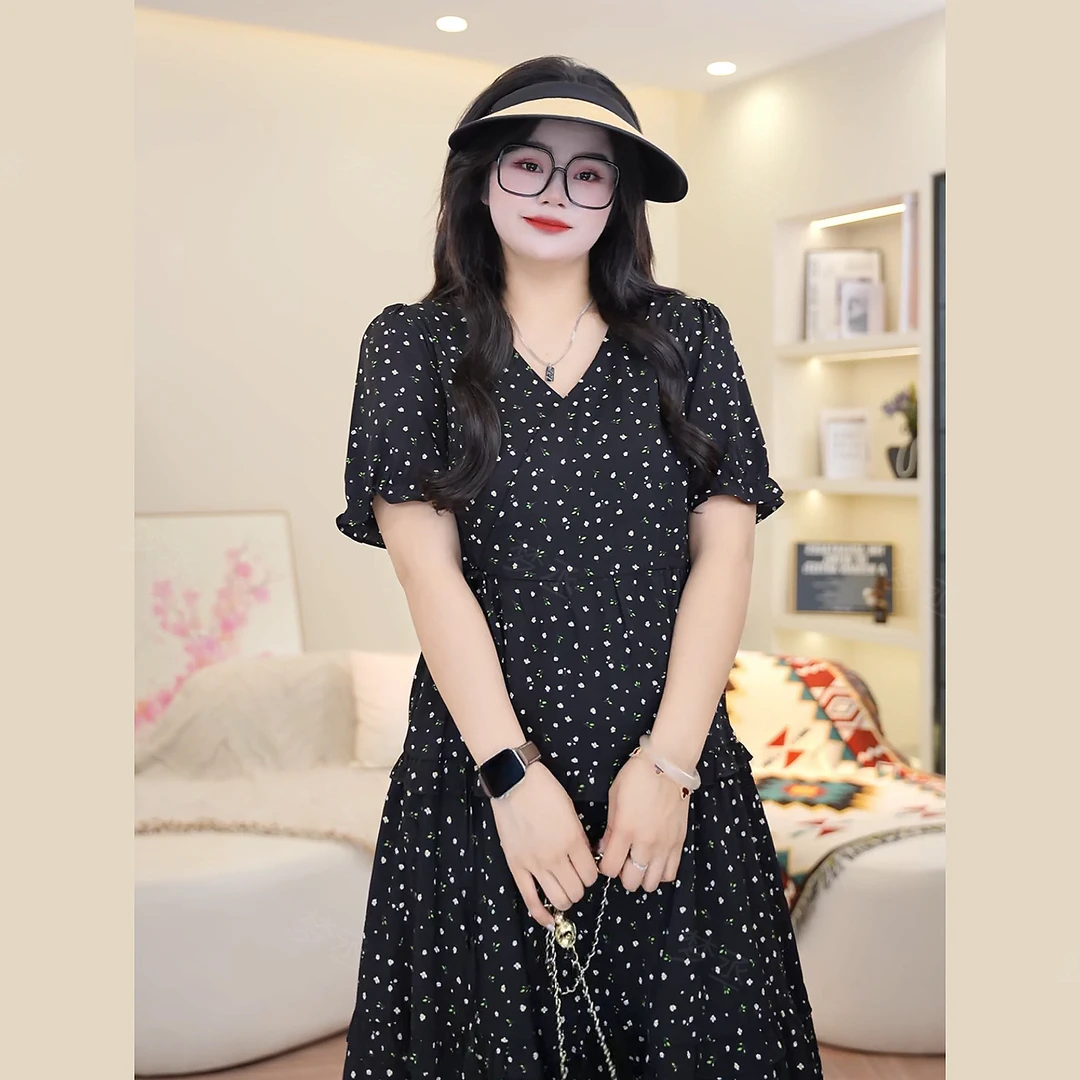 梦丞【繁花拾光】大码女装夏季V领碎花连衣裙宽松洋气显瘦收腰裙子