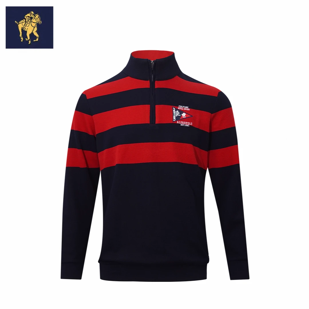 马标刺绣常规撞色时尚条纹POLO男商务休闲秋季长袖套头立领卫衣