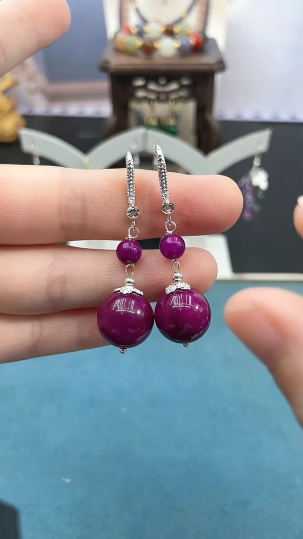 苏纪石（舒俱来）银S925镶嵌耳饰14mm舒俱来双珠