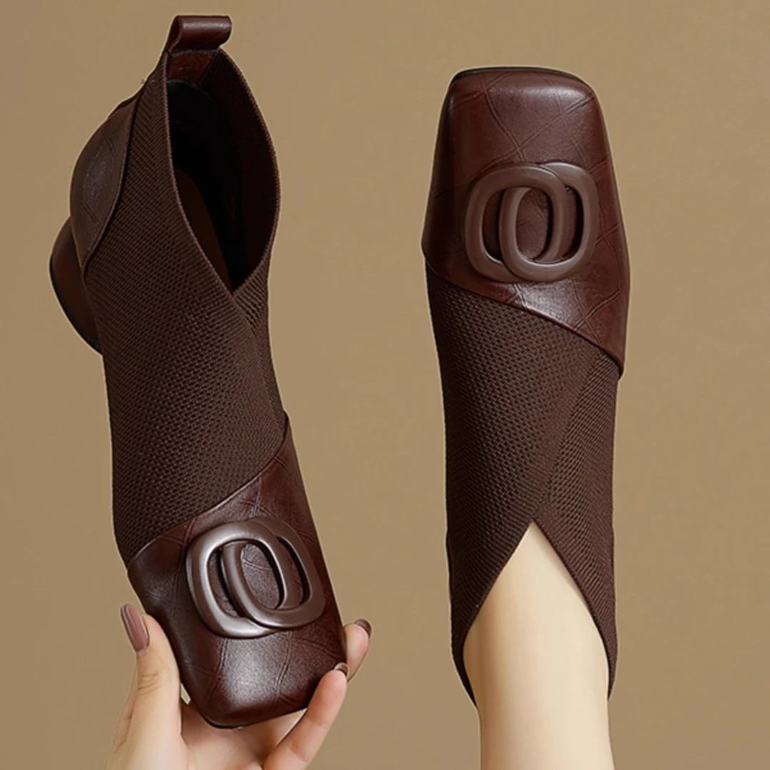 休闲舒适~软皮拼接针织粗跟及踝靴女靴2025新款方头4cm中跟时装靴