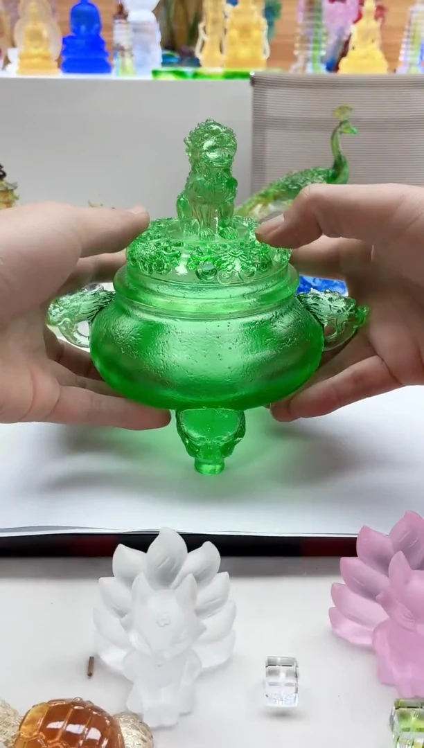手工艺品琉璃绿色石狮帝王炉17*17公分【微瑕】
