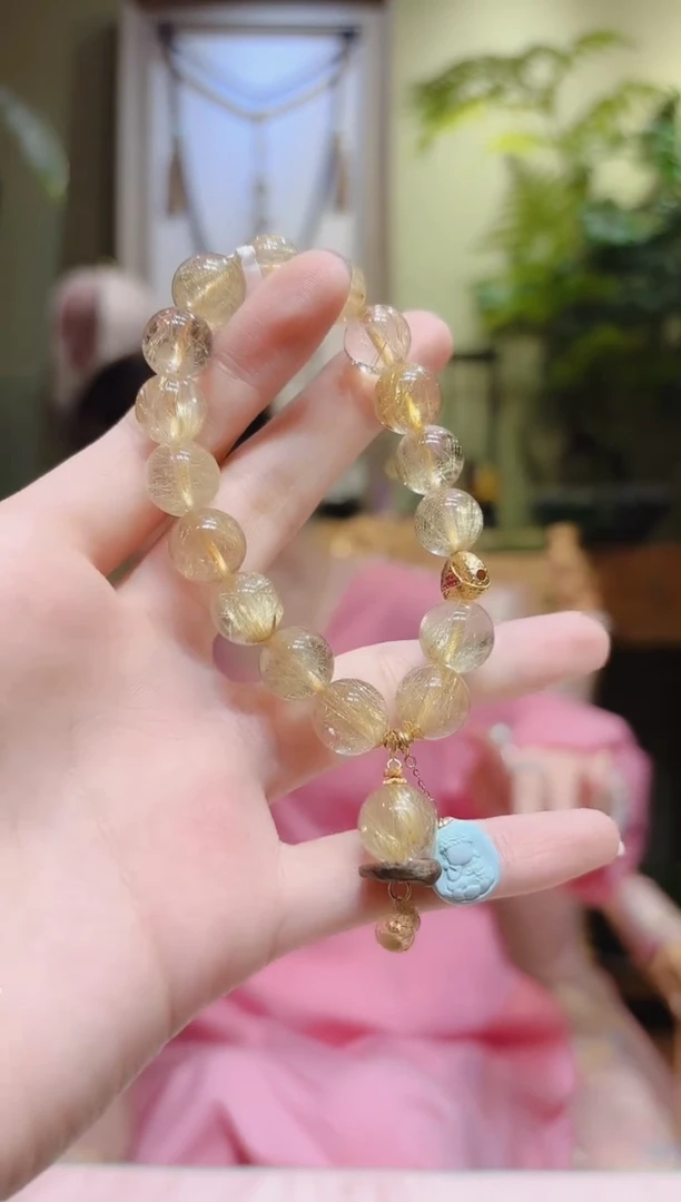 【闪购商品】水晶手串18K金镶嵌单珠提溜绿松无相佛金发晶手串