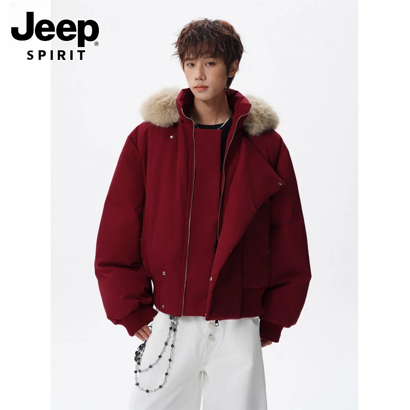 JEEPSPIRIT吉普美式酒红色连帽棉衣男重磅高级感休闲棉服潮牌冬季
