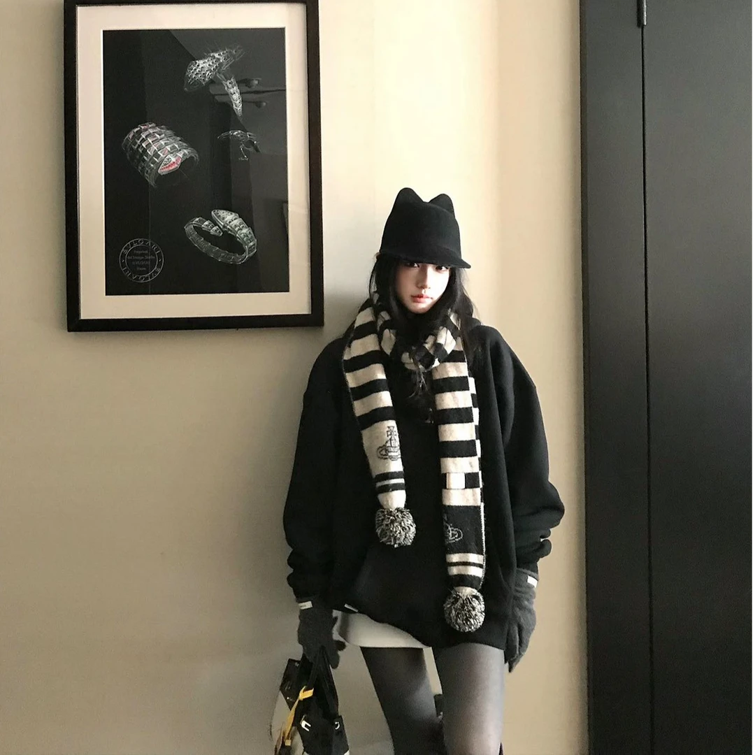 超好看韩版宽松慵懒风美式复古中长款黑色连帽卫衣女2025秋冬新款