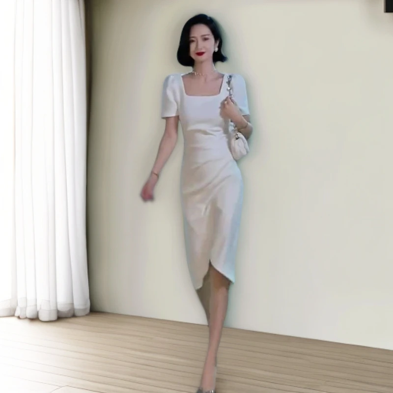 高级感法式气质夏季领证小礼服女神范御姐风方领白色包臀连衣裙子