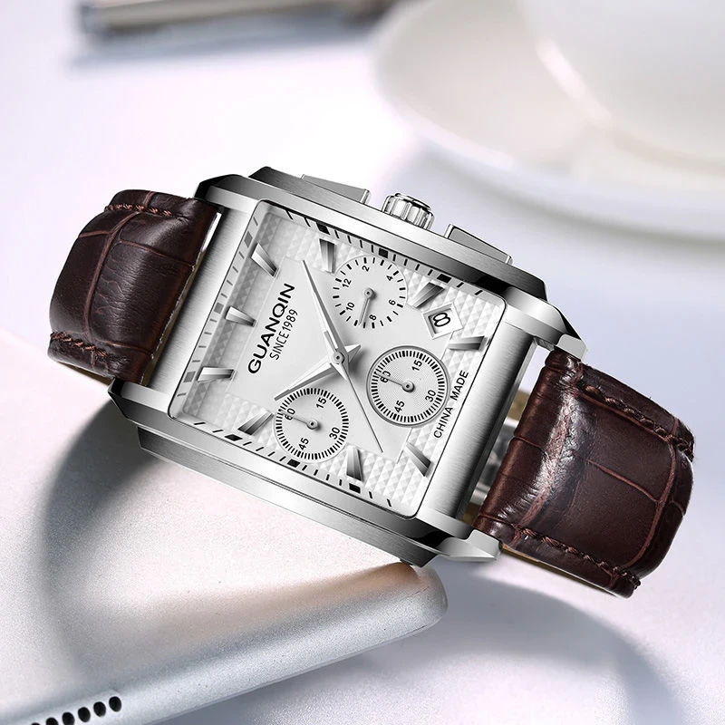 GUANQIN/冠琴方形手表男石英防水潮流真皮夜光男表男士手表
