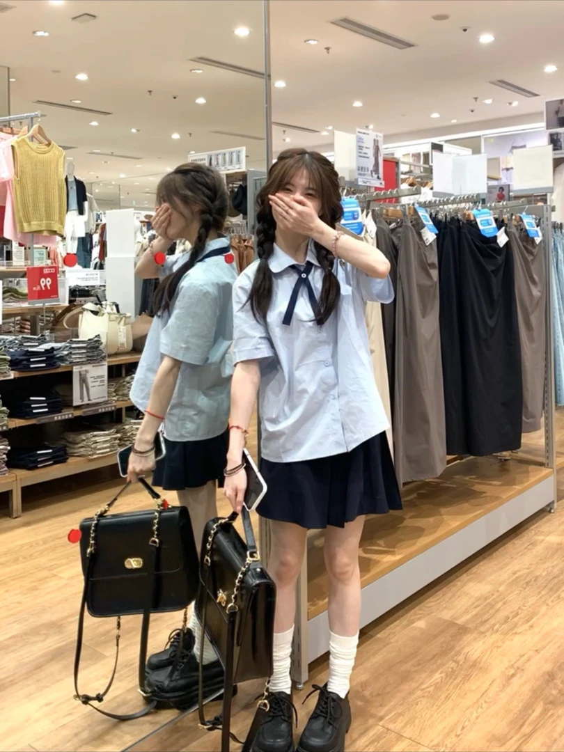 学院风OOTD日系甜妹休闲运动套装女夏季减龄衬衫短袖百褶裙两件套