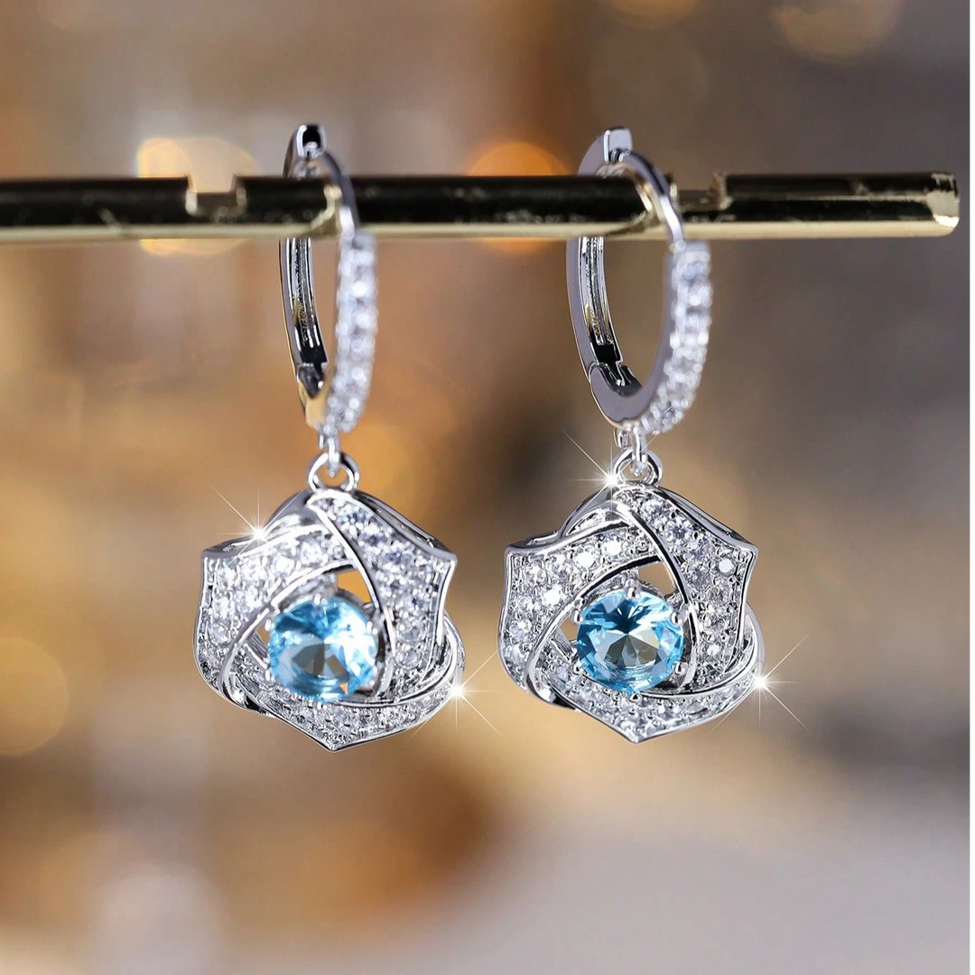 铜合金合成锆石耳饰 圆形海蓝钻三角环形耳环30号A