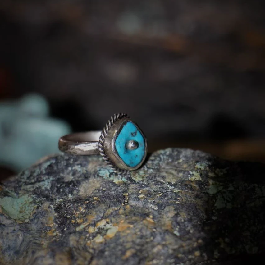 【冰心】手工复古银戒玉化料绿松石戒面民国风素戒指孤品