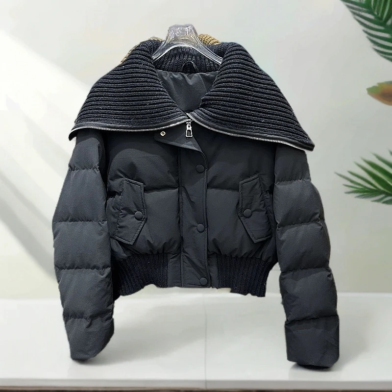 针织翻领拼接羽绒服收腰冬季时尚百搭秋冬网红外套韩版连帽